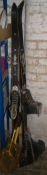 Pr of mid 20th c. skis with 2 pairs of boots & bindings & pr of 1950s racquets