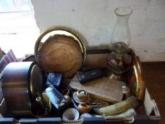 Mantel clock, paraffin lamp with mottled reservoir, brass tray, pr horns, cameras etc.