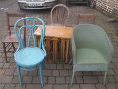 Painted bentwood chair, green Lloyd Loom chair, 3 kitchen chairs, & nest folding tables