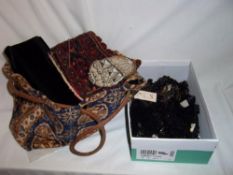 Beaded bag, sel. handbags, carpet bag & sel. beaded lace etc.