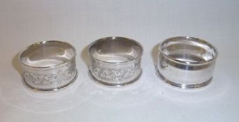 Pr silver napkin rings with bright cut engraving Birm. 1910 & silver napkin ring Birm. 1965