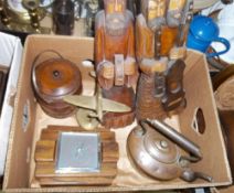 Pr wooden figures, dressing table mirror, wooden biscuit barrel, brass aeroplane, barometer and