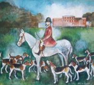 Framed gouache painting of Brocklesby Hall & Huntsman with hounds in foreground, signed by the