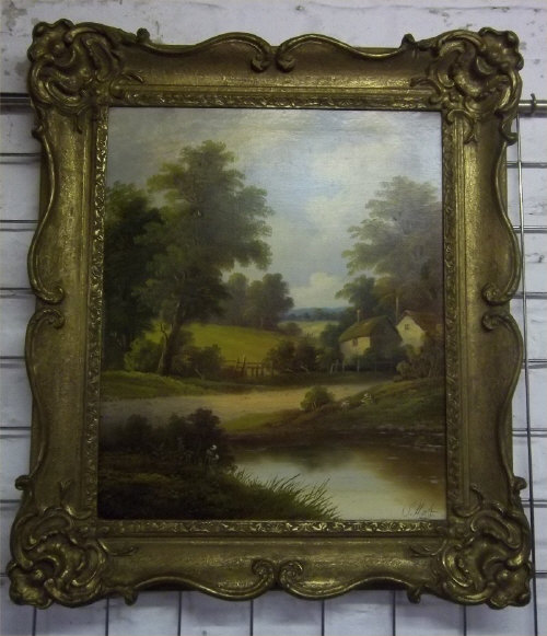 Framed English school oil on canvas of country landscape by S. Holt size approx. 49.5cm x 59.5cm