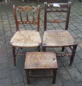 2 Vict. kitchen chairs with rush seats & wooden stool