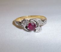 18ct gold ruby & diamond crossover ring set in platinum