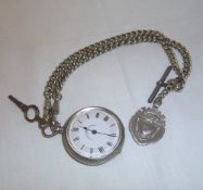 Silver fob watch on silver Albert chain with silver fob