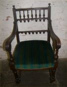 Vict. mah. carver chair with sprung horsehair seat & bobbin turned back rail