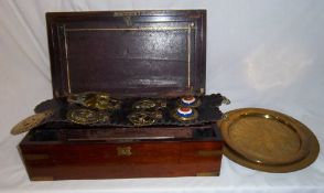 Mah writing box with brass escutcheons, sel. horse brasses on leather straps, brass charger etc.