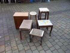 Footstool, 2 dressing table stools & 2 others & sm. cupboard