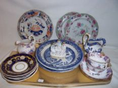 Masons Ironstone plate, 2 Spode hand-painted / printed plates, gilded saucers, Welsh Tea Party