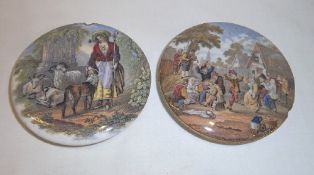 2 Prattware pot lids `The Village Wedding` & `The Shepherdess`