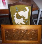 Framed copper plaque & fire screen with embroidered design