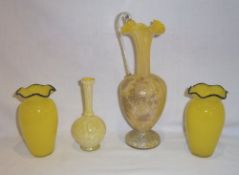 Pr 1930s Czechoslovakian tango glass vases with applied black frilled rims, sm. spatter glass vase &