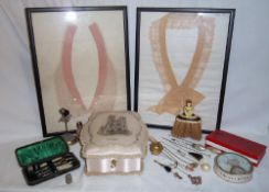 Padded jewellery box with Continental scene, sel. hatpins & hatpin stand, sel. cotton buttons, cased