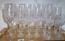 Sel. cut glass wine & sherry glasses with etched floral dec.