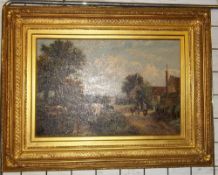 Gilt framed 19th c. English school oil on canvas depicting country farm scene size approx. 59.5cm