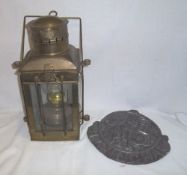 Brass storm lantern marked Neptune & fire insurance plaque marked Birmingham