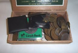 Assorted coins, Austrian banknotes, corn single bladed penknife & 1952 Butlins Skegness badge