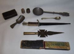 Trenchware souvenir, boxed sunglasses, pewter spoon, paper knife, cut throat razor, snuff box, caddy