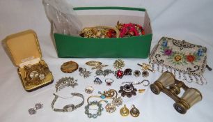 Sel. costume jewellery inc. brooches, marcasite cocktail watch, beaded bag, mother of pearl opera