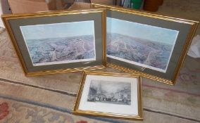 2 framed Louth Panorama prints & framed etching `Louth Lincolnshire` engraved by W. Radclyffe