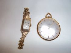 9ct gold tank style wristwatch on rolled gold strap with gold plate Fleurier pocket watch