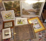 3 framed oils on board depicting countryside scenes signed Colam, framed Britannia map & sel. framed