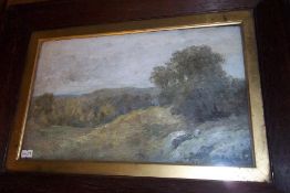 Oak framed oil on board depicting countryside scene with indistinct signature size approx. 38cm x