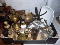 Brass paraffin lamp, S.P cruet set, brass candlesticks etc.