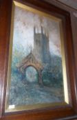 Oak framed watercolour depicting church with indistinct pencil title & signature size approx. 28cm x