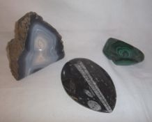 Piece of malachite, fossil & piece of banded agate