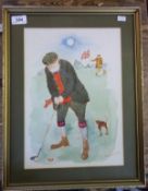 Framed watercolour of golfer aligning a shot signed by the artist Colin Carr `84