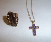 9ct gold crucifix set with amethyst on 9ct gold chain & smoky quartz dress ring marked 585