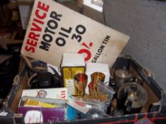 Sel. collectables inc. cameras, garage sign, brass goblets, 2 S.P teapots, cased set stainless steel