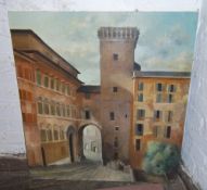 Lg. unframed oil on canvas depicting La Torre del Grillo Lazio