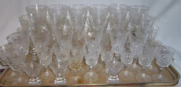 Sel. cut glass wine, water and sherry glasses all with etched grape dec.