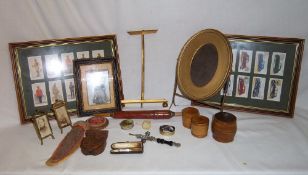 Treen barrel, cased cheroot holder with silver mounts, 2 sm. brass picture frames, tape measure,