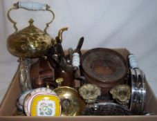 Sel. brass inc. kettle, candlesticks, enamelled dishes, copper warmer with ceramic handles, 2 prs