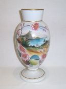 Opaline glass vase decorated with hand-painted river scene & flowers ht approx. 31cm