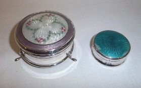 Silver trinket pot with guilloche enamel dec. Birm. 1939 & silver pill box with guilloche enamel lid