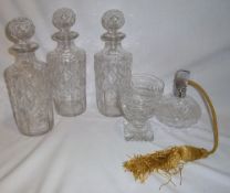 3 matching cut glass decanters, cut glass rummer & cut glass scent bottle