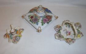 Porcelain inkwell in the form of a cushion with floral dec. bearing blue crossed swords mark to