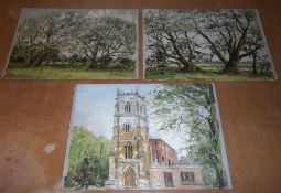 3 unframed oils on board by Clive Browne depicting `Humberston Church` & 2 woodland scenes in