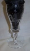 Wine glass with engraved dec. depicting Continental gent on horseback in woodland scene signed