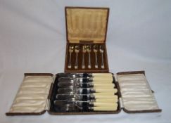 Cased set silver collared fish knives & forks & cased set S.P dessert forks