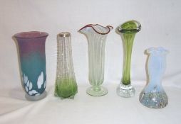 Whitefriars bubble glass bud vase, Vaseline glass vase with flared rim, crackle glass vase with