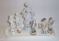 Sel. Continental figurines inc. 2 musicians, 2 white putti figurines etc.
