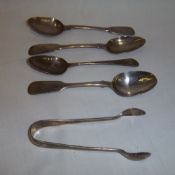 4 silver teaspoons & pr silver sugar tongs wt approx. 3.2oz