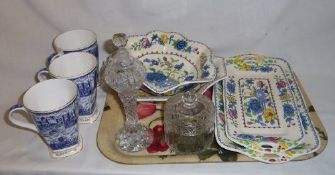 Sel. Mason`s `Regency` table ware, 3 blue & white `Ringtons` mugs, glass trinket pot & cut glass